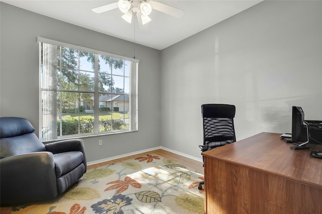 office space featuring ceiling fan and wood-type flooring