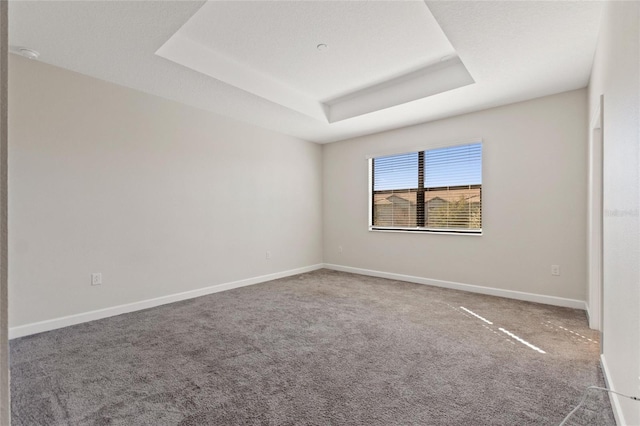 carpeted empty room with a raised ceiling