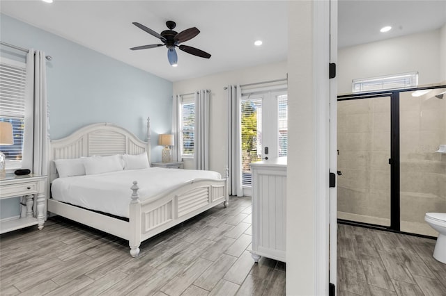 bedroom featuring ceiling fan and light hardwood / wood-style flooring