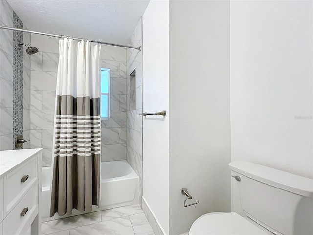 full bathroom featuring a textured ceiling, vanity, toilet, and shower / bathtub combination with curtain