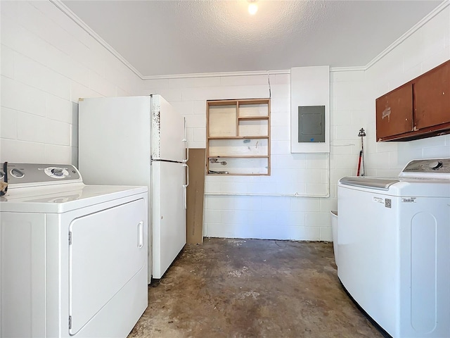 washroom with cabinets, electric panel, a textured ceiling, washer and clothes dryer, and ornamental molding