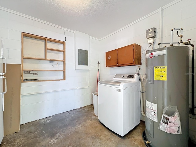 clothes washing area featuring cabinets, water heater, electric panel, a textured ceiling, and washer / dryer