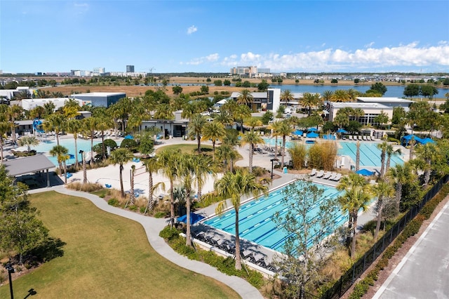 birds eye view of property featuring a water view