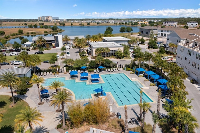 aerial view featuring a water view