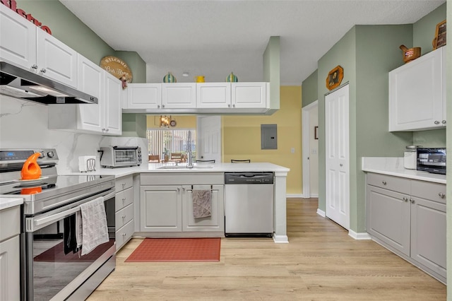 kitchen with white cabinets, sink, light wood-type flooring, kitchen peninsula, and stainless steel appliances