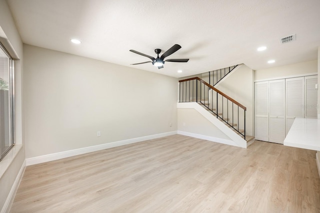 unfurnished living room with ceiling fan and light hardwood / wood-style floors