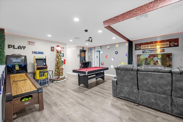 playroom featuring light hardwood / wood-style floors and billiards