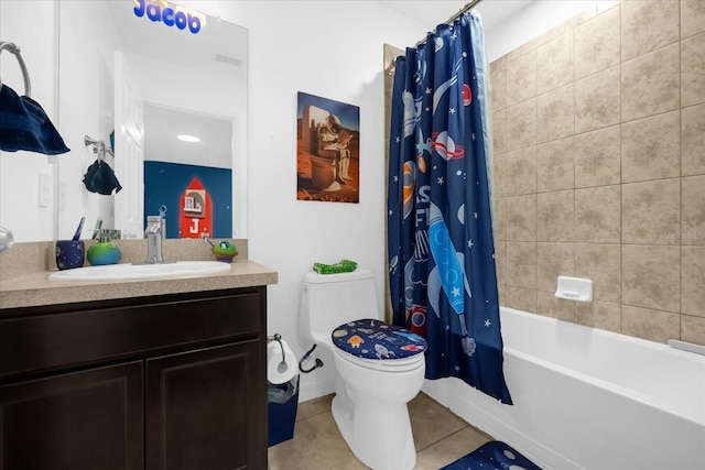 full bathroom featuring tile patterned floors, vanity, shower / bathtub combination with curtain, and toilet