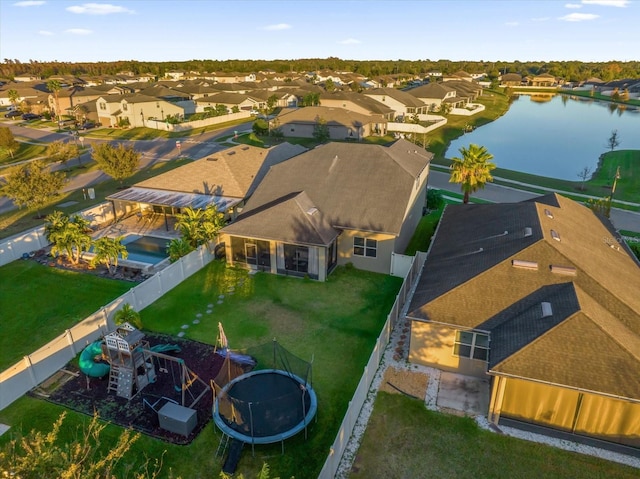 drone / aerial view featuring a water view