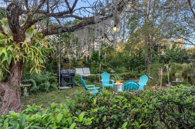 view of yard with a fire pit