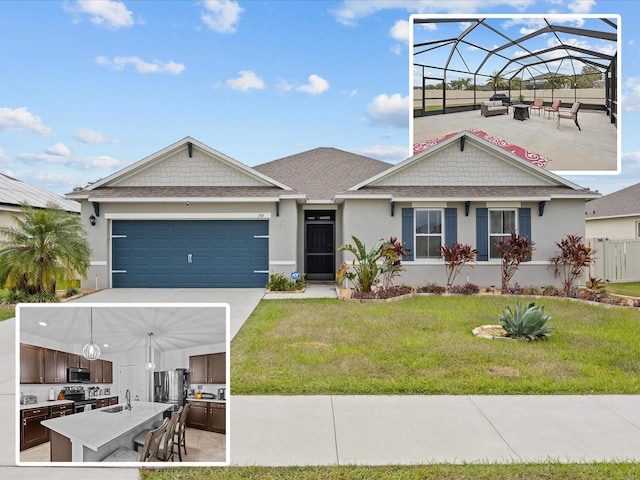 view of front of home with a front yard, glass enclosure, a patio area, and sink