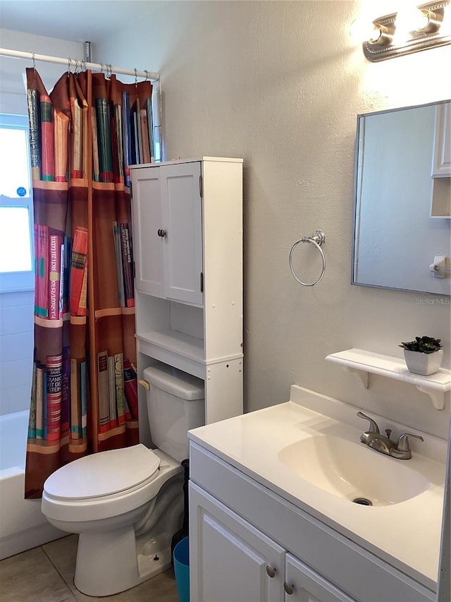 full bathroom with tile patterned flooring, vanity, shower / bath combination with curtain, and toilet