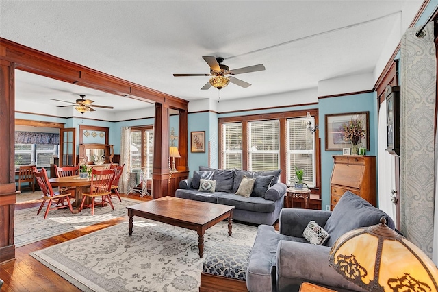 living room featuring ceiling fan and wood-type flooring