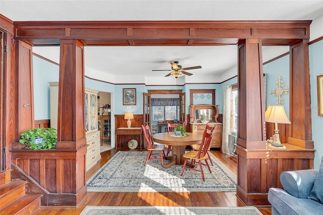 dining area featuring ceiling fan and light hardwood / wood-style flooring