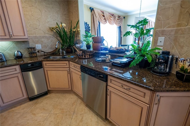7500 Toscana Blvd Unit 341, Orlando, FL 32819 - kitchen with dishwasher, a sink, decorative backsplash, ornamental molding, and light tile patterned flooring