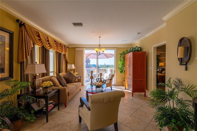 7500 Toscana Blvd Unit 341, Orlando, FL 32819 - living area featuring a chandelier, crown molding, light tile patterned floors, and a textured ceiling