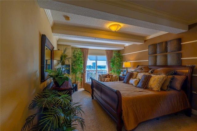 7500 Toscana Blvd Unit 341, Orlando, FL 32819 - carpeted bedroom featuring crown molding, beamed ceiling, and a textured ceiling