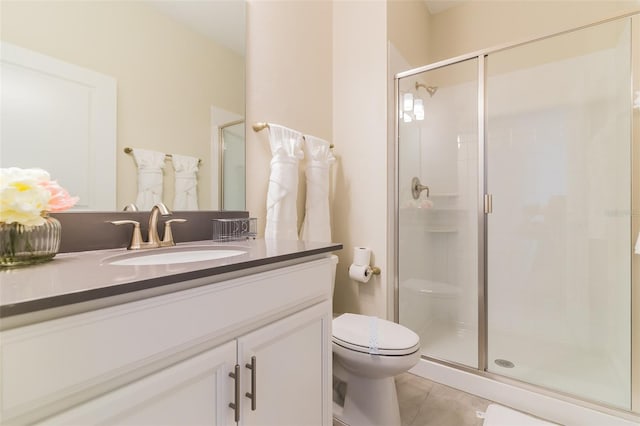 bathroom featuring tile patterned flooring, a shower with shower door, and toilet