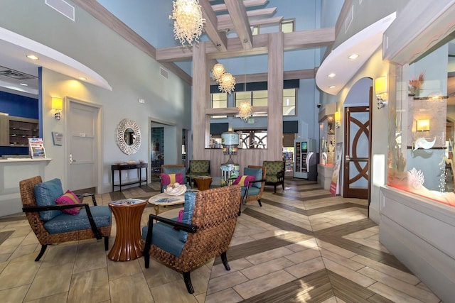 community lobby with a high ceiling