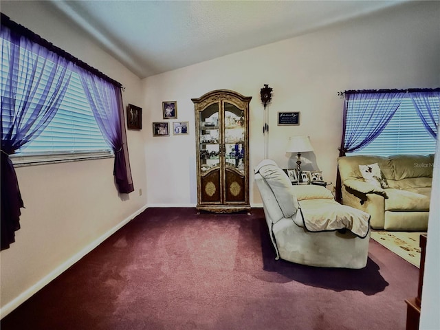 sitting room featuring carpet flooring and vaulted ceiling