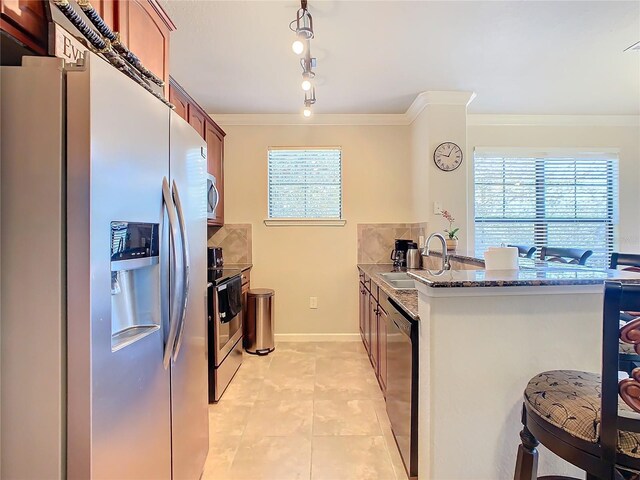 904 Charo Pkwy Unit 525, Davenport, FL 33897 - kitchen featuring appliances with stainless steel finishes, a sink, ornamental molding, a peninsula, and healthy amount of natural light