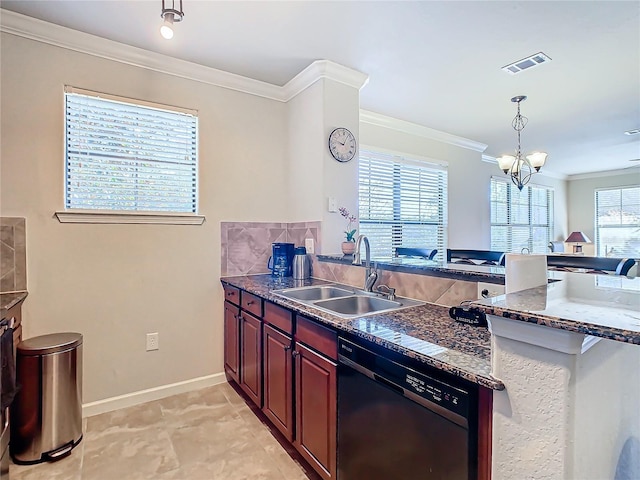 kitchen featuring crown molding, sink, black dishwasher, and a wealth of natural light