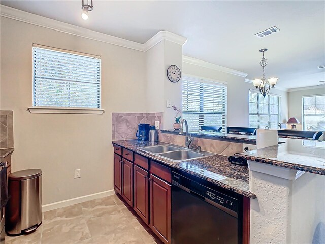 904 Charo Pkwy Unit 525, Davenport, FL 33897 - kitchen featuring black dishwasher, a sink, ornamental molding, a chandelier, and pendant lighting