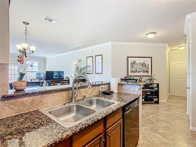 kitchen featuring stainless steel dishwasher, ornamental molding, sink, decorative light fixtures, and a chandelier