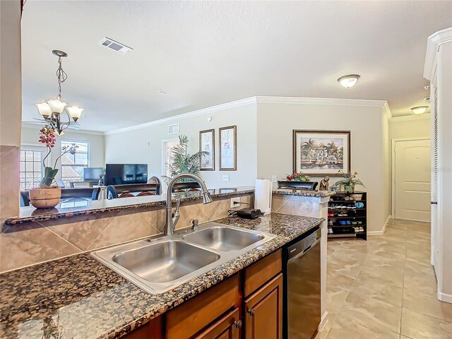 904 Charo Pkwy Unit 525, Davenport, FL 33897 - kitchen featuring stainless steel dishwasher, brown cabinets, a sink, a chandelier, and ornamental molding