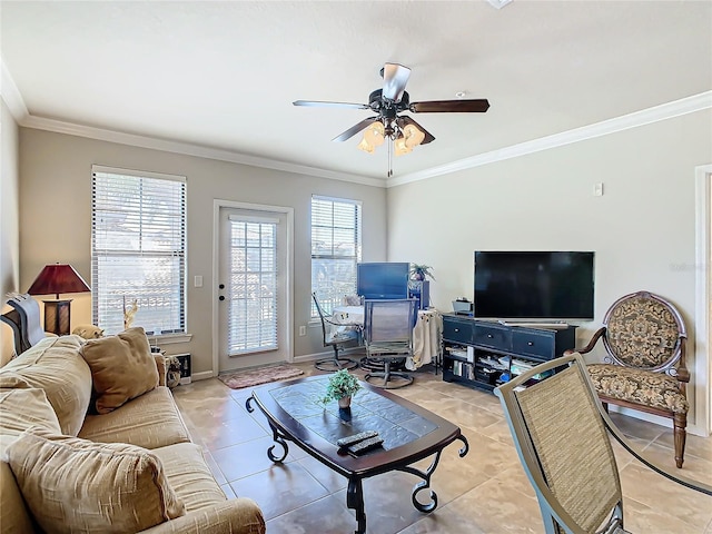 tiled living room with ceiling fan and ornamental molding