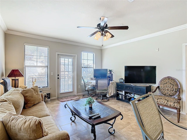 904 Charo Pkwy Unit 525, Davenport, FL 33897 - living area with crown molding, a ceiling fan, light tile patterned floors, and baseboards