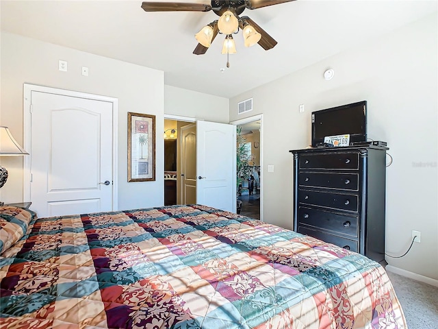 bedroom with ceiling fan and a closet