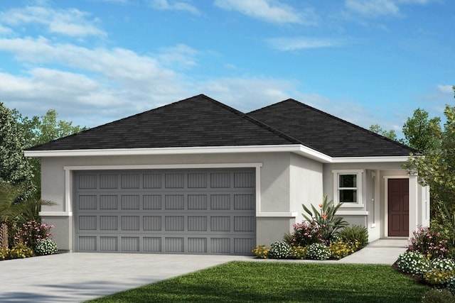 ranch-style house featuring a front lawn and a garage