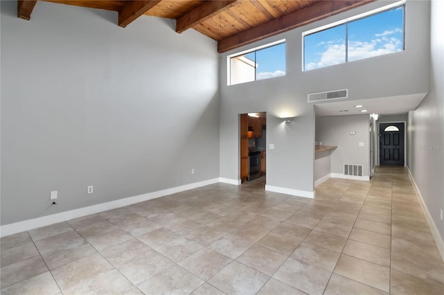 unfurnished living room featuring beamed ceiling, light tile patterned floors, high vaulted ceiling, and wooden ceiling