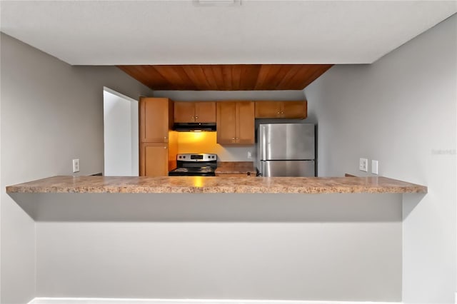 kitchen with kitchen peninsula, stainless steel appliances, and wooden ceiling