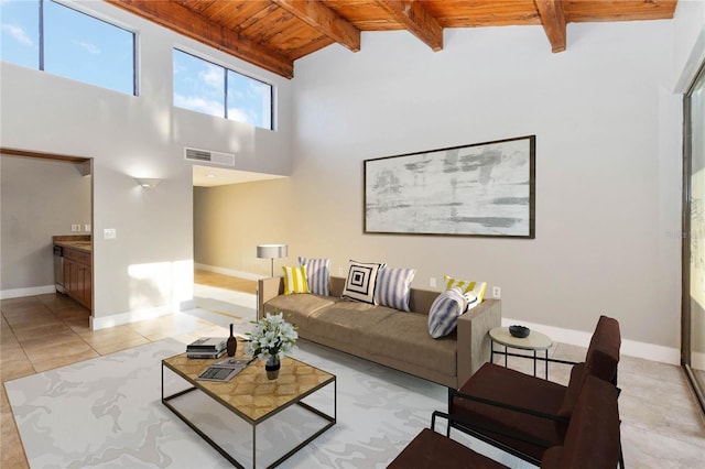 living room with light tile patterned floors, baseboards, visible vents, wooden ceiling, and beam ceiling