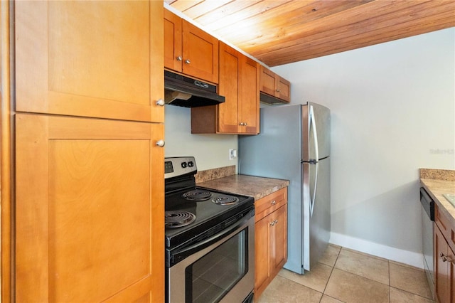 kitchen with light tile patterned floors, brown cabinetry, wood ceiling, stainless steel appliances, and under cabinet range hood