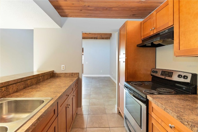 kitchen with brown cabinetry, wood ceiling, a sink, under cabinet range hood, and stainless steel electric range