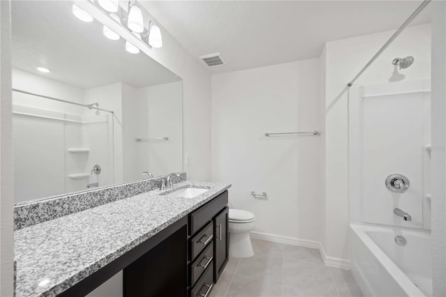 full bathroom with shower / bathtub combination, vanity, toilet, tile patterned floors, and a textured ceiling