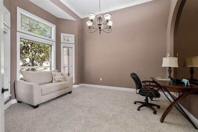 office with light carpet, a chandelier, and ornamental molding