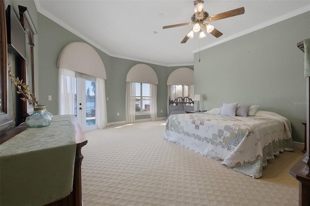 bedroom featuring access to outside, ceiling fan, light carpet, and ornamental molding