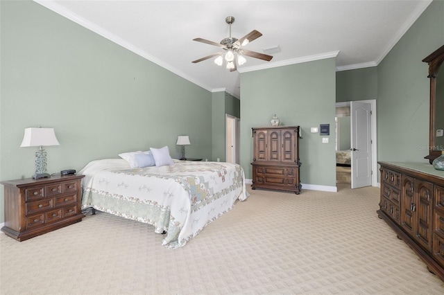 carpeted bedroom with ceiling fan and crown molding