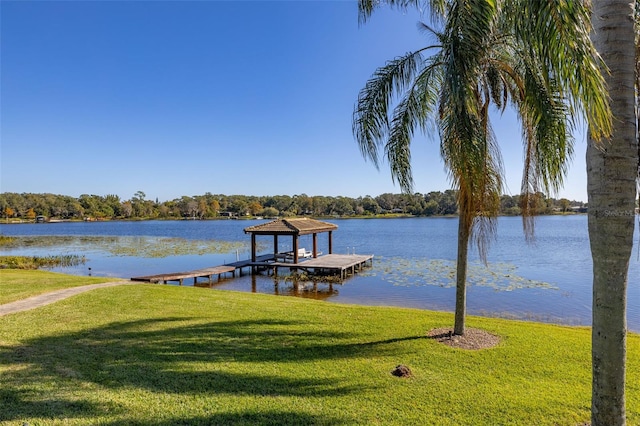 dock area featuring a yard and a water view