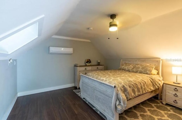 bedroom featuring a wall mounted air conditioner, dark hardwood / wood-style flooring, vaulted ceiling, and ceiling fan