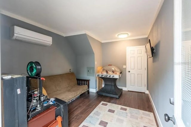 interior space with a wall mounted air conditioner, dark hardwood / wood-style floors, and crown molding