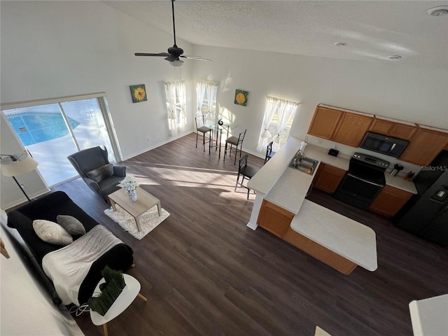 living room featuring dark hardwood / wood-style floors, high vaulted ceiling, ceiling fan, and sink