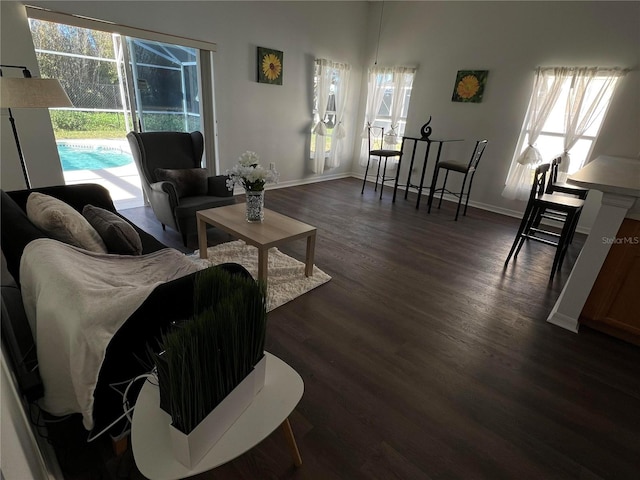 living room featuring dark wood-type flooring