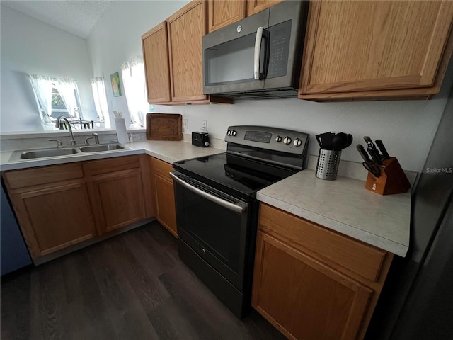 kitchen with stainless steel appliances, vaulted ceiling, dark wood-type flooring, and sink