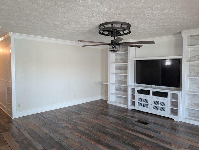 unfurnished living room with ceiling fan, ornamental molding, dark wood-type flooring, and a textured ceiling