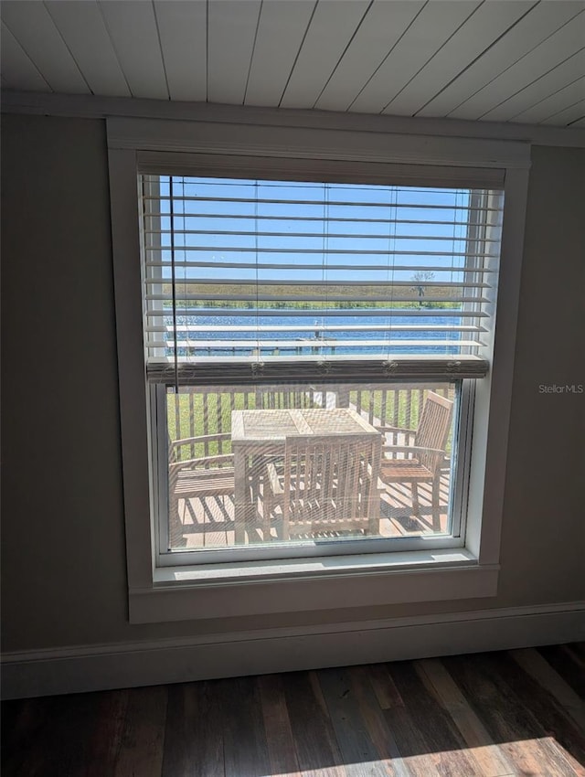 interior details with a water view and hardwood / wood-style floors